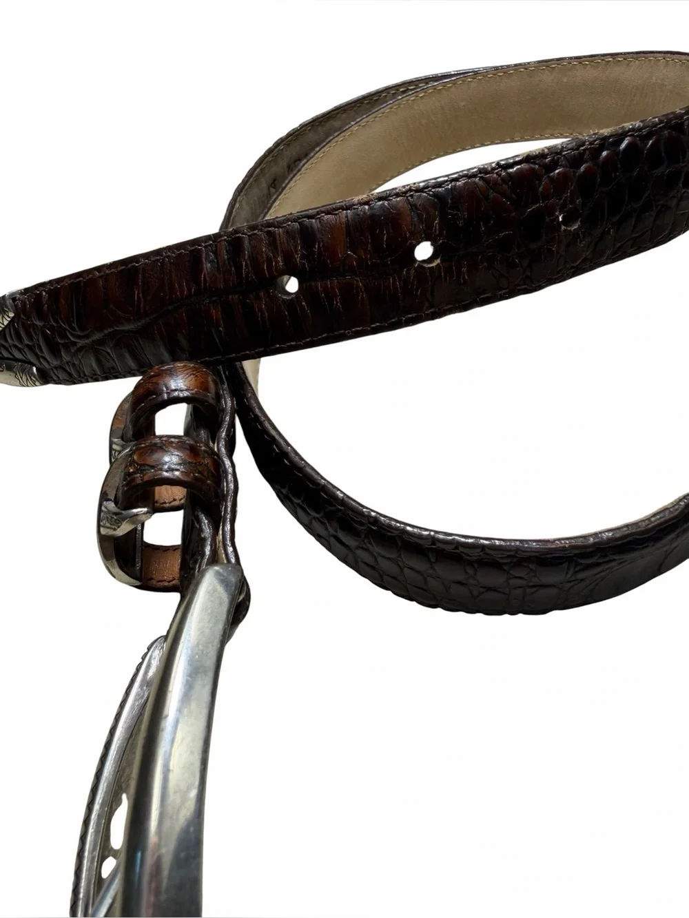 Brighton Brown Leather Crocodile Embossed Silver Buckle Belt Size 34 large